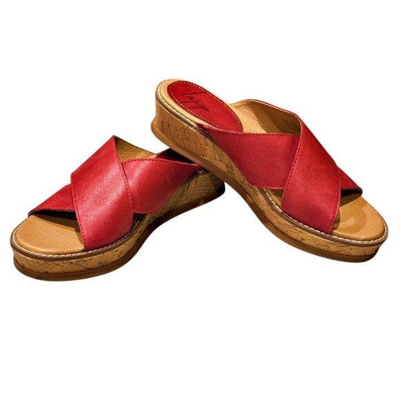 Latigo Red Leather Slip-on Sandals Size 7.5M Kayda Criss Cross Cork Wedge MINT - Picture 4 of 11